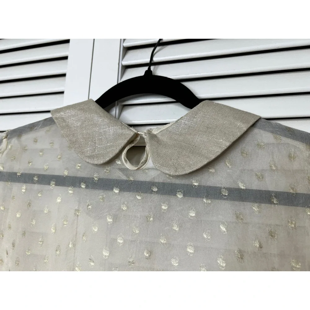 Vintage Sheer Ivory Gold Clip Dot Blouse Peter Pan Collar Size L